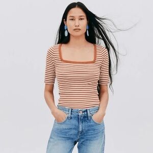 J. Crew Brown and White‎ Striped Square Neck Tee